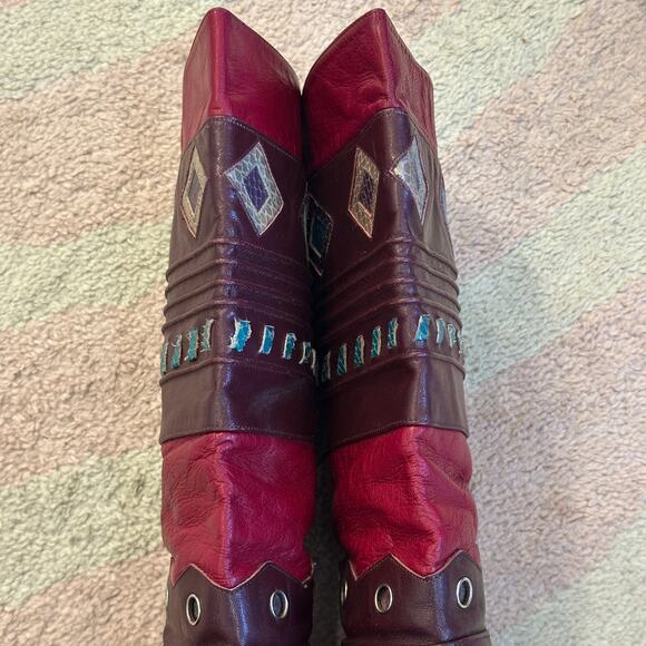 Vintage 80s Vita Mori Burgundy Geometric Western Revival Art Deco Leather Boots - Picture 3 of 12
